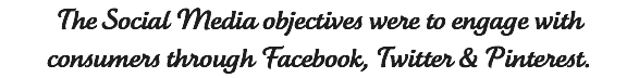 The Social Media objectives were to engage with consumers through Facebook, Twitter & Pinterest. 